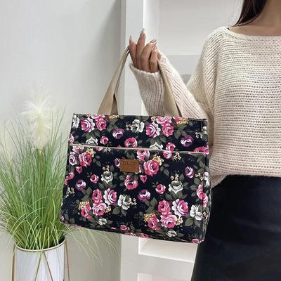 Borsa a tracolla con stampa floreale alla moda, borsa da pranzo portatile in tela, borsa casual da donna, borsa a tracolla per mamma, per picnic, viaggio
