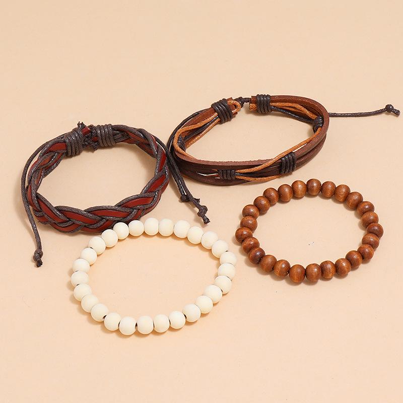 New Vintage Retro Braided Personality Leather Jewelry Simple Fashion 4 Pieces Set Unisex Wrap Geometric Bracelet