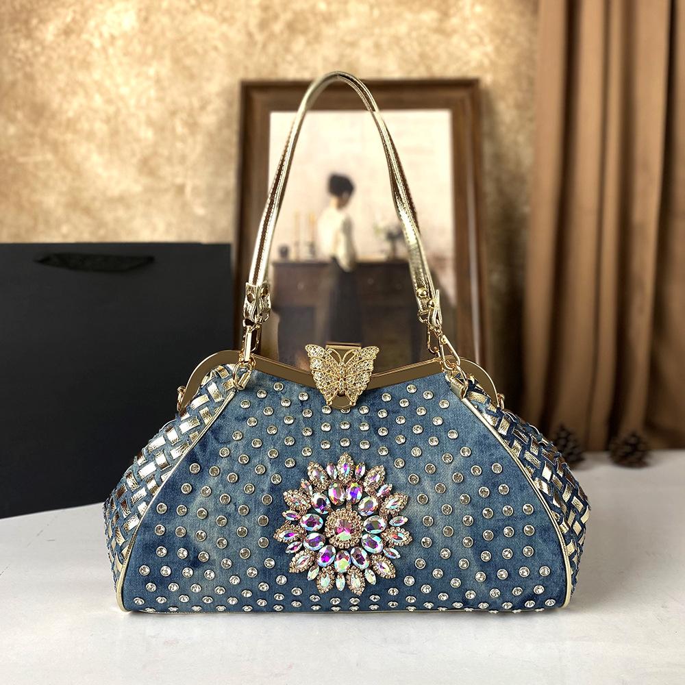 

2025 Нова Модна Сумка Кросбоді Джинсова Сумка Сумка на Плече Кліпса-Метелик Інкрустована Діамантами Сумка Великої Місткості синій