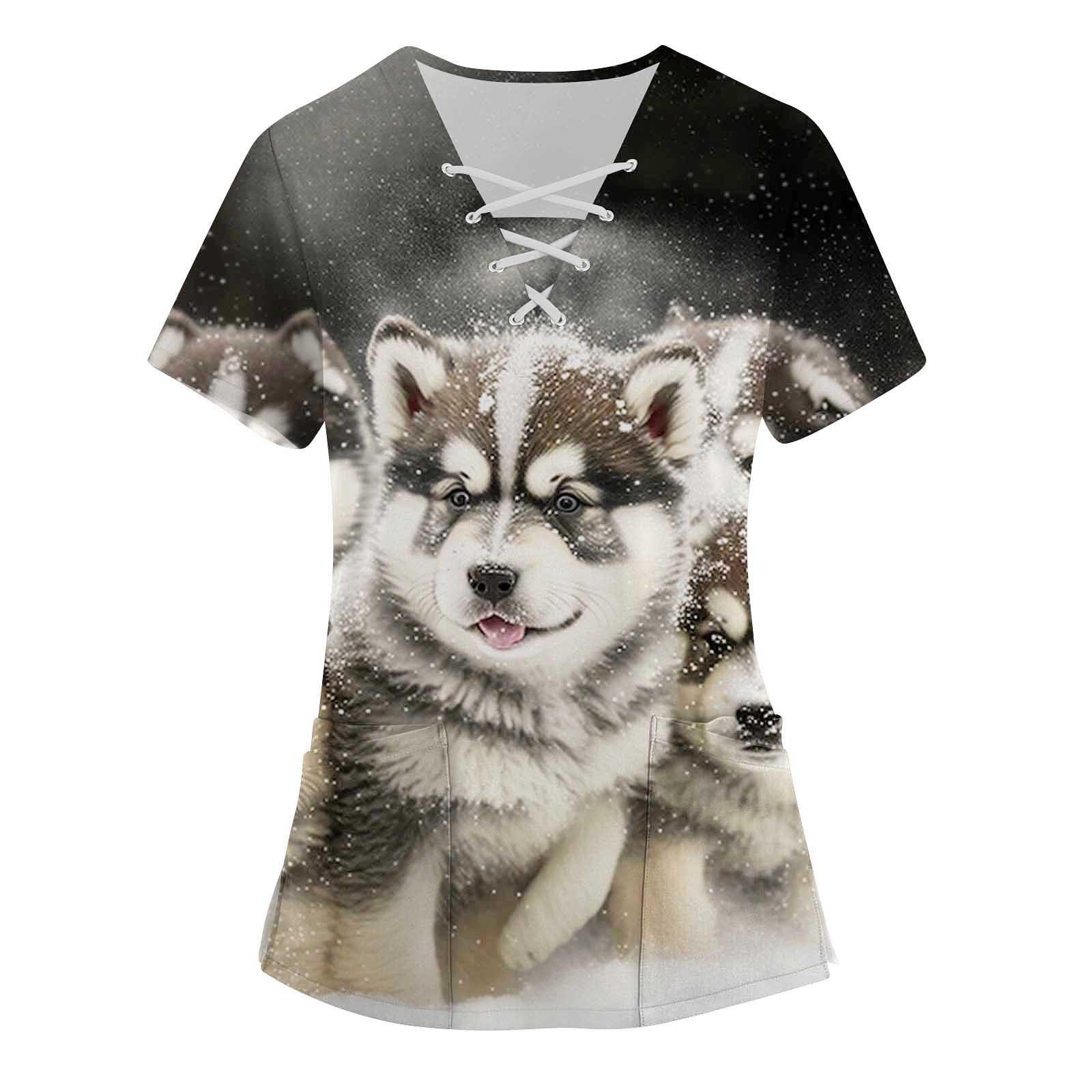 

Женские топы с короткими рукавами и v-образным вырезом с милыми животными, рабочая блузка с карманами XXXXL