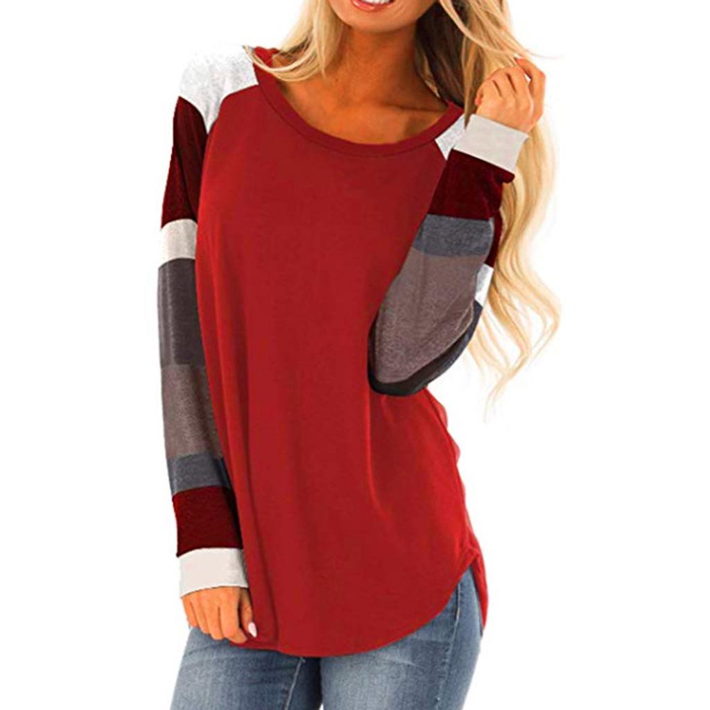 Women Fashion  Loose Patchwork Long Sleeve T-shirt Top Blouse Pullover
