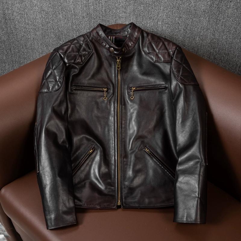 

Мужская двухцветная куртка из конской кожи, короткая, облегающего кроя, со стойкой, мотоциклетное пальто, осенняя верхняя одежда из натуральной кожи 5XL коричневый