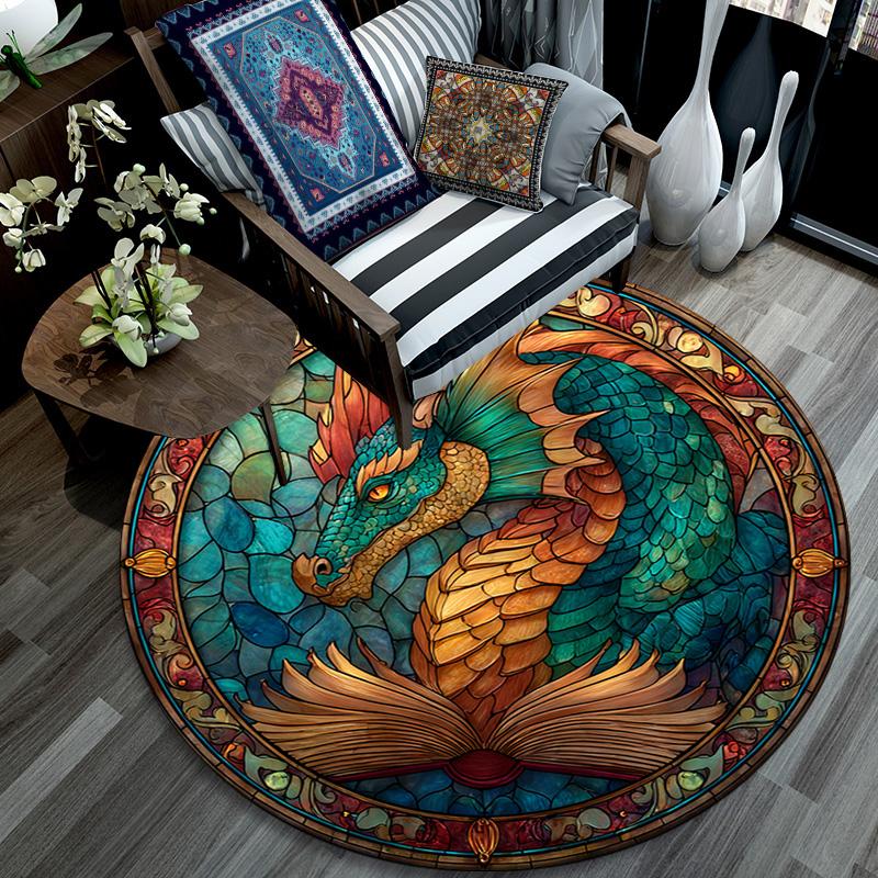 Dragon Round Area Rug,Carpet Rug for Living Room Bedroom Sofa Playroom Decor,Non-slip Floor Mat
