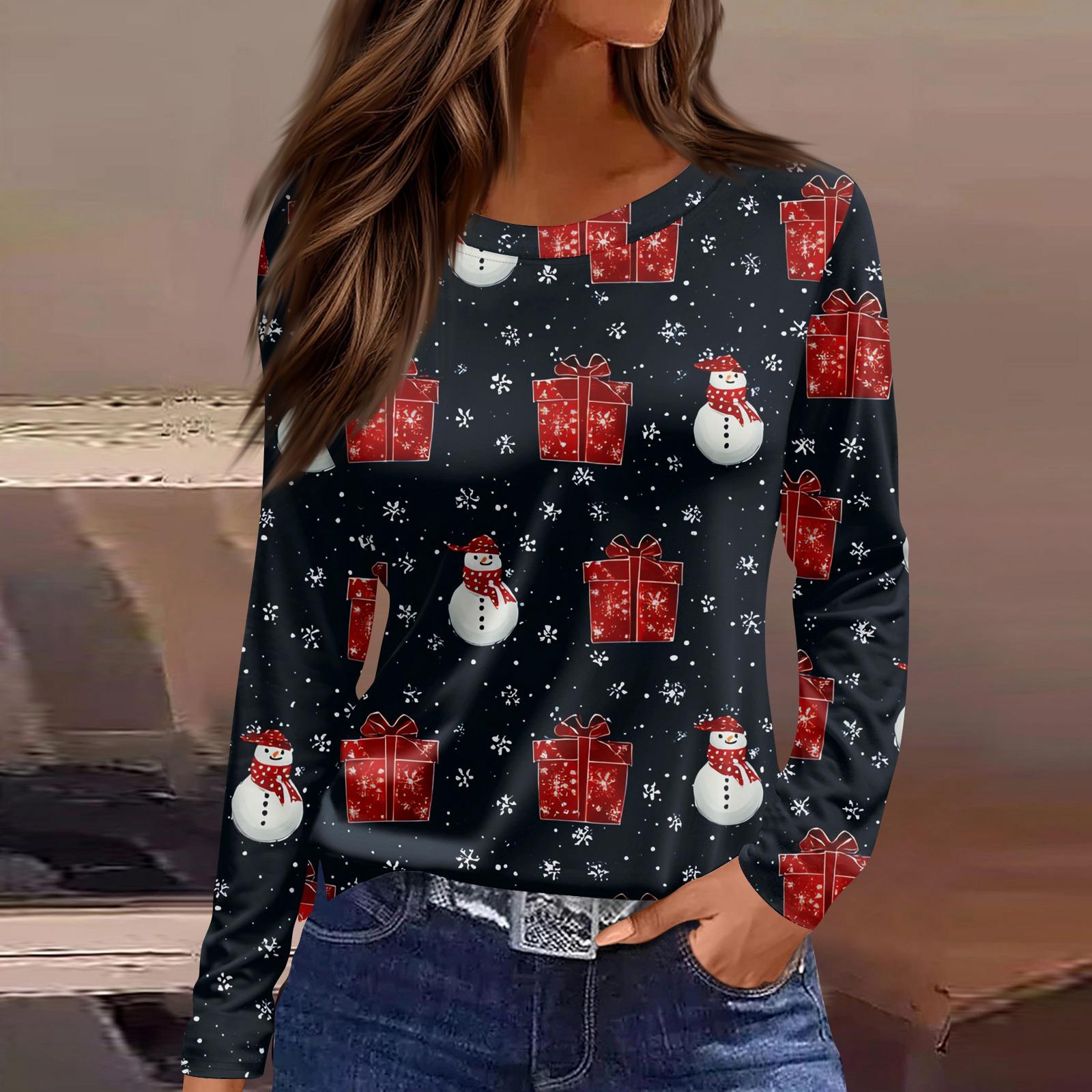 

Жіноча мода Повсякденна футболка з круглим вирізом, довгим рукавом і розрізом по подолу, вільного крою з різдвяним принтом, жіночий топ XL Темно-синій