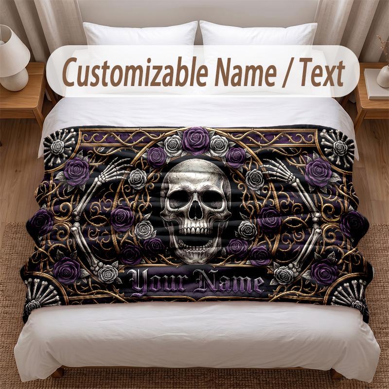 Skull Gothic Theme Soft Blanket Personalized Custom Name Text Print Warm Blanket Home Sofa Bedroom Decor