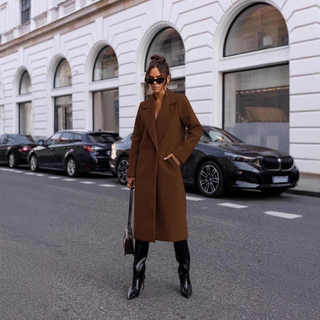 2024 Bestseller Women's Winter Simple Solid Long Sleeve Mid-Length Wool Coat