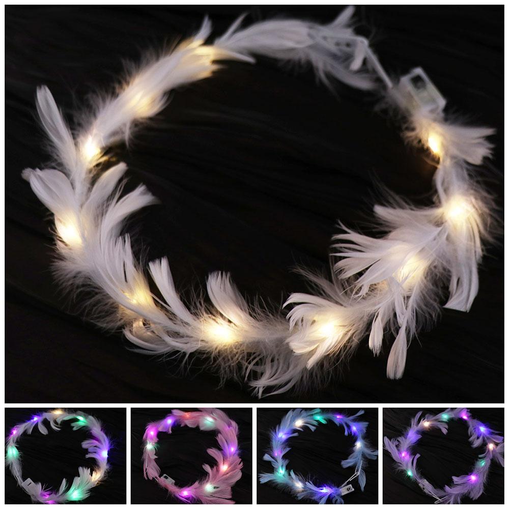 Glow White Feather Luminous Garland New Year Women Hairband Elegant LED Feather Headband Party