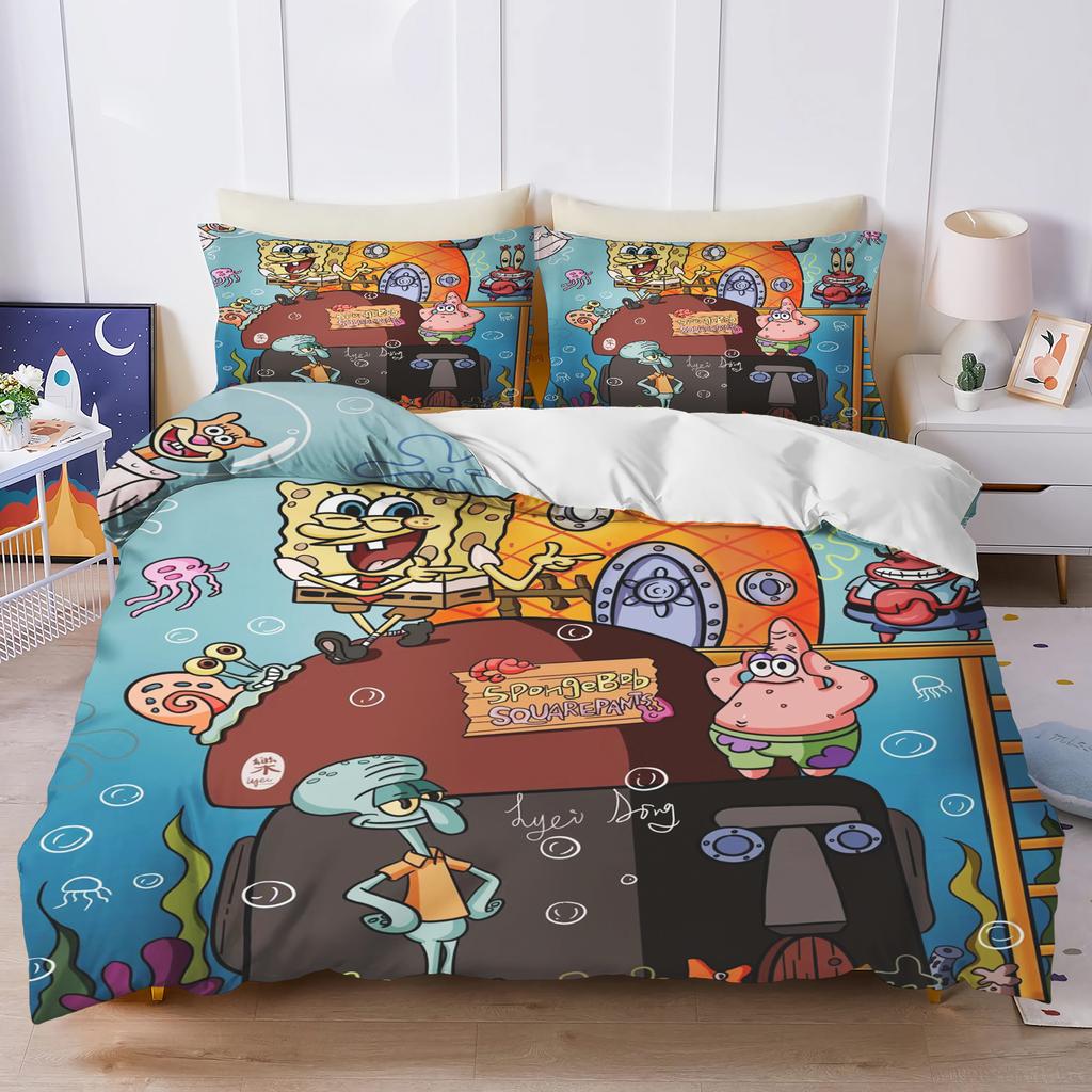 Christmas SpongeBob Patrick Bedding Set Dark Background Duvet Cover 3D Cartoon Quilt Cover Kids Bed Decor No Filler