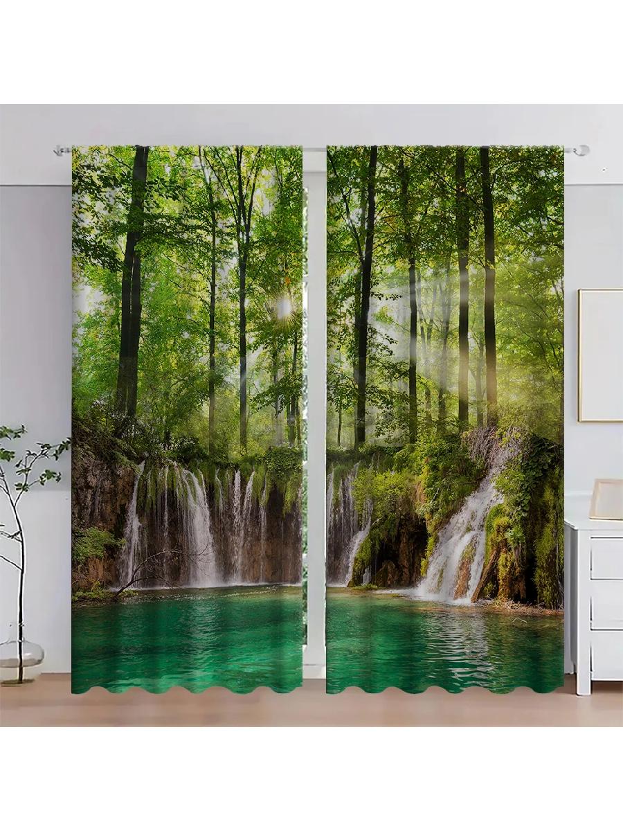 

Set Of 2 Forest Waterfall Scenic Printed Curtains Designed Quality Material Ideal Nature Inspired Home Wi Curtain With Semi Sheer Polyester W100*H70(CM)-Grommet top&2PCS
