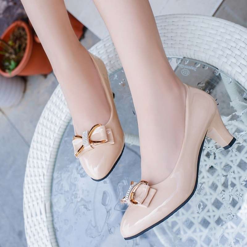Spring and Autumn Versatile Single Shoes Women's High Heels Black and White Work Shoes High Heels Medium Heel Bow Women's Thick Heels Women's Shoes