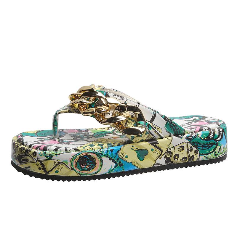 2025 summer foreign trade thick bottom round toe slippers women's European and American graffiti chain decorative flip-flops wish