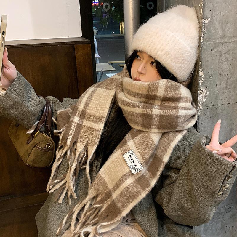 

New Autumn and Winter Scarf Korean Style Atmosphere Blue Plaid Scarf Women s High End Scarf Thickened and Warm 225*40CM