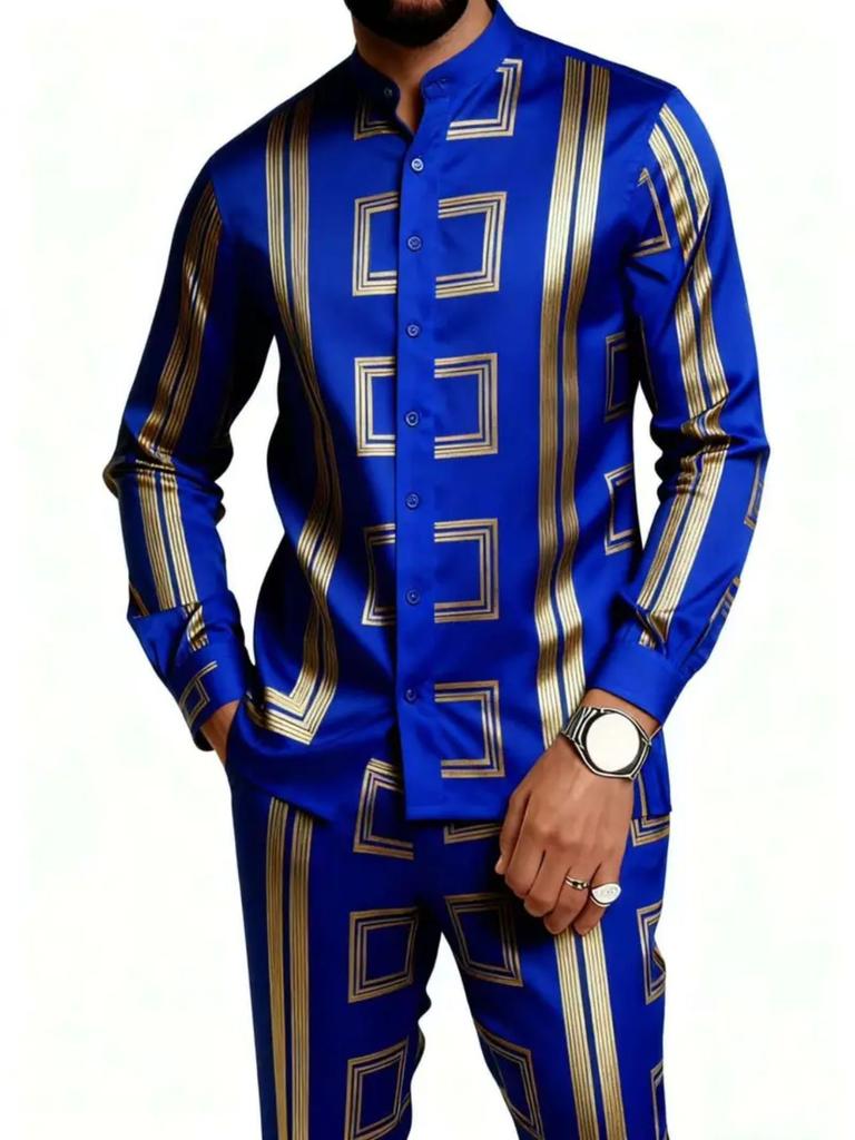 Spot TEMU Casual African Glossy Print Men's Ethnic Long-sleeved Trousers Set 2-piece Set