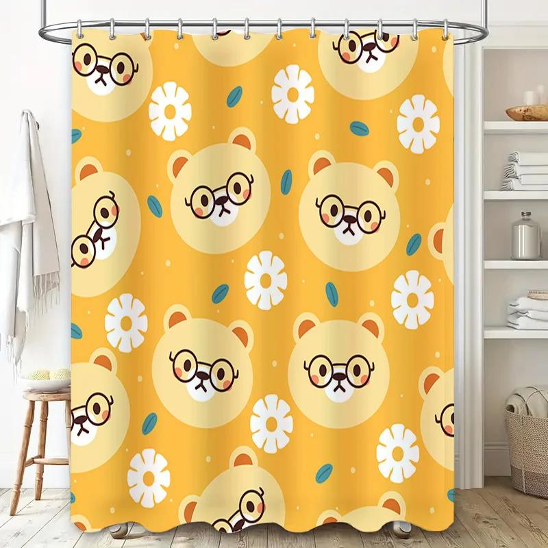 Animal Print Shower Curtain Yellow with Flowers Cartoon Dogs Eyes Glasses Home Decor Bath Rug