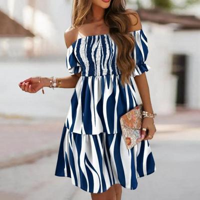 Puff Short Sleeve Elastic Chest Wrap Stitching Mini Dress Ruffle Hem Tie Dye Print Off Shoulder Summer Dress