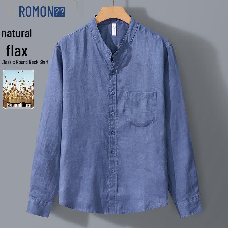 ROMON Men s Solid Linen Stand Collar Long Sleeve Shirt 2XL синий