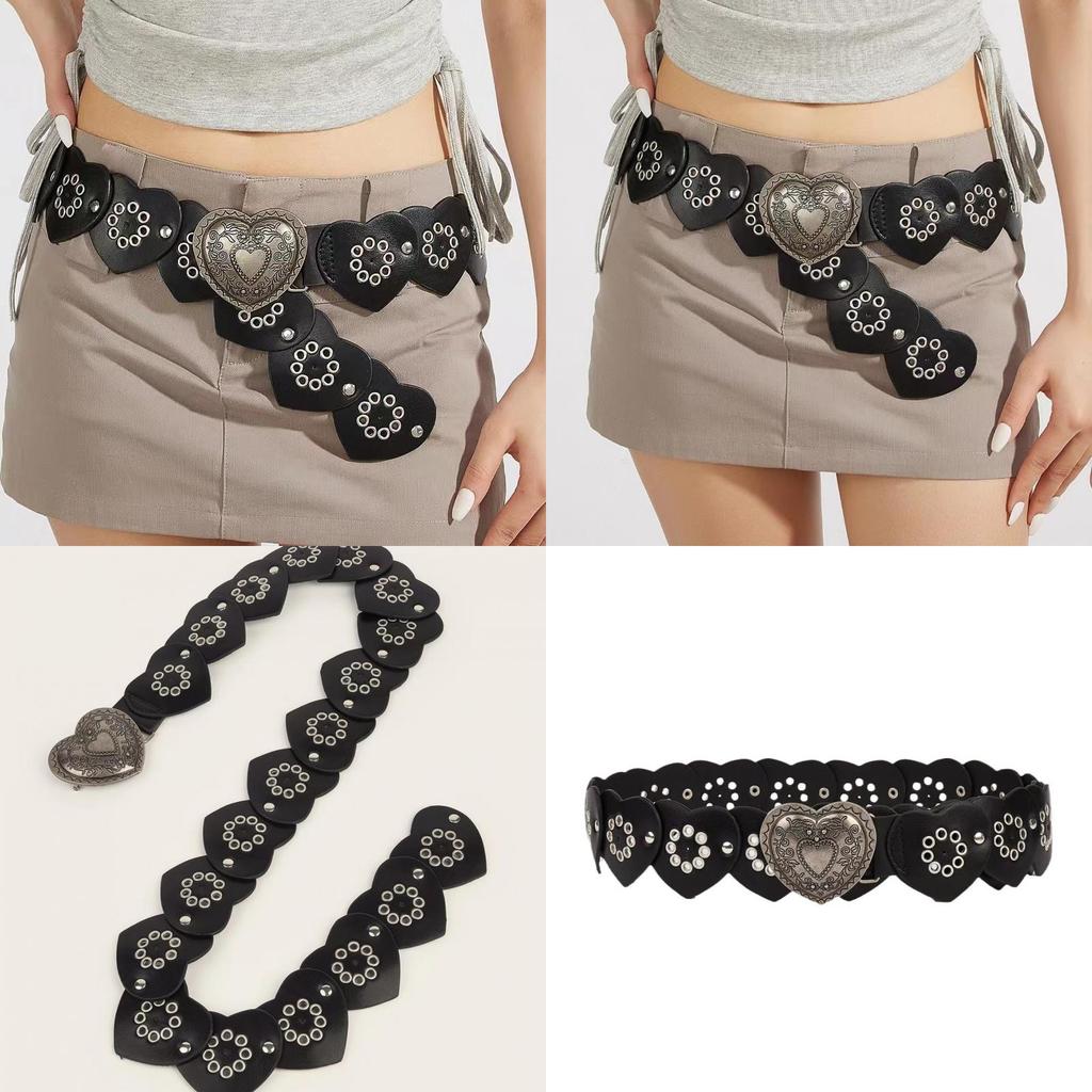 Retro Street Style Womens Pu Leather Belt With Heart Splicing And Metal Snap For Casual Fashion