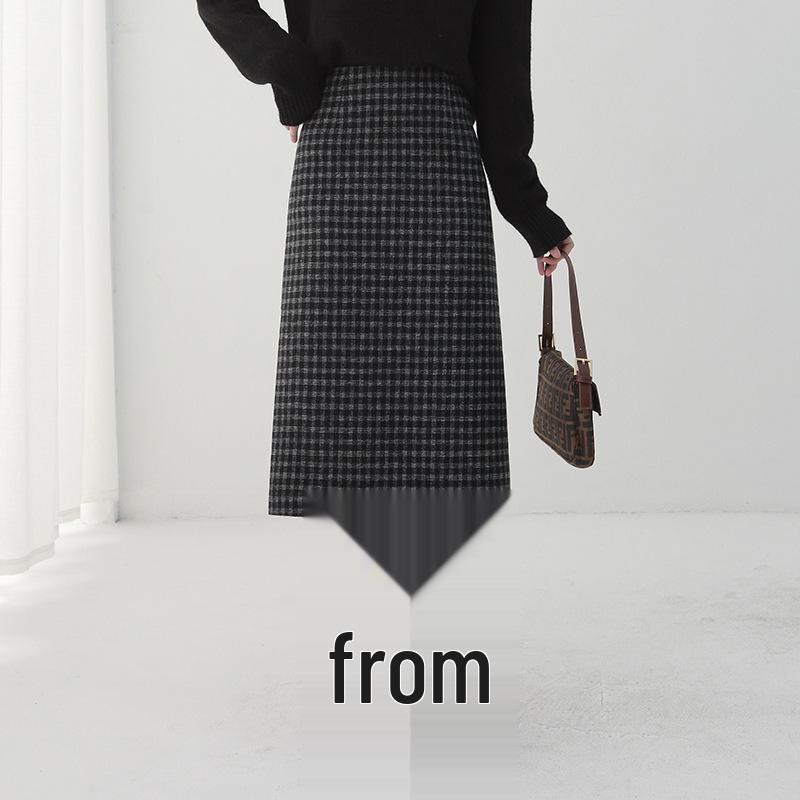 Winter 2025 Women's High-Waisted Wool Plaid A-Line Mid-Length Skirt