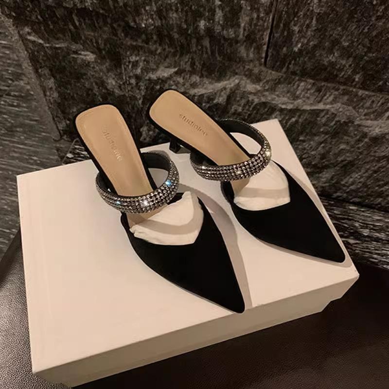 French high-heeled cool slippers women's 2025 spring temperament flash rhinestone thin heel pointed single shoes sexy bag head half drag