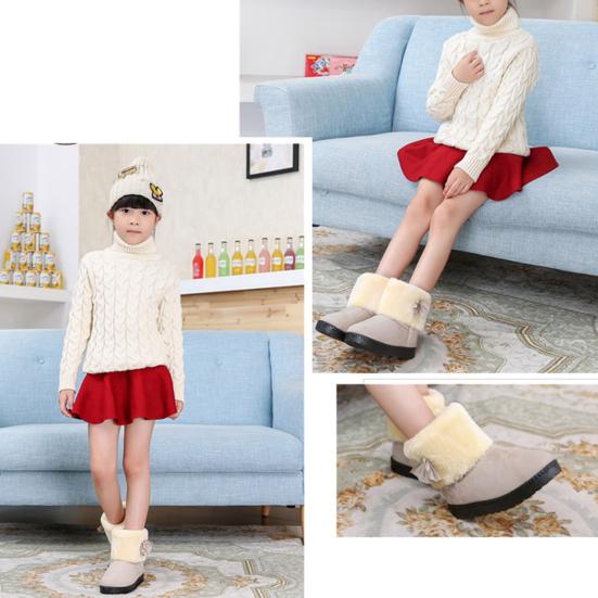 Girls Cute Bowknot Solid Color Winter Warm Snow Ankle Boots Slip On Flat Shoes