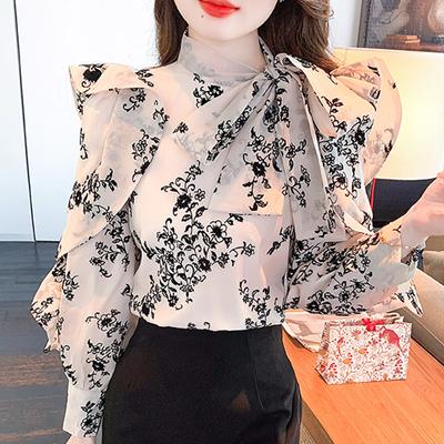 Fashion New 2024 Autumn Ruffles Long Sleeve Bow Collar Print Chiffon Blouse Shirt Women Tops Blouses Shirts J467