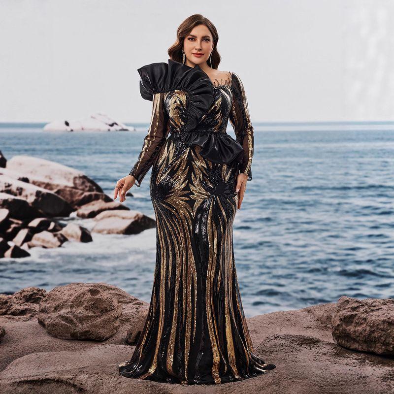 Birthday Wedding Dress Plus Size Dress European and American Long-Sleeved Sequin Embroidered Mermaid Evening Dress Formal Elegant Dress Black gold 0 XL