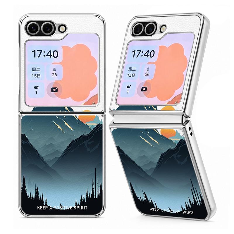 Mountain Landscape Case For Samsung Z Flip 8 7 6 5 Hybrid 3in1 Leather Skin Plating Frame Hard Folding Phone Cover For Galaxy Z Flip8 Flip7 Flip6