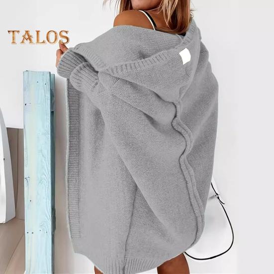 Women Sweater Coat Hooded Long Sleeve Ribbed Cuffs Open Front Knitting Coat Solid Color Mid-length Sweater Cardigan