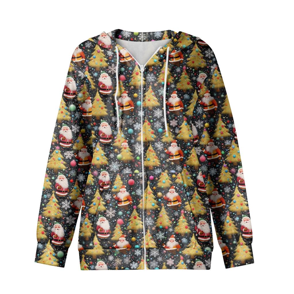 Women's Casual Fashion Long-Sleeved Zip-Up Christmas Print Knitted Hoodie