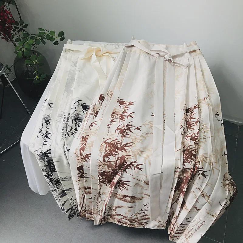 2024 Women's Chinese Style Ink-Dyed Bamboo Leaf Print Chiffon Satin Pleated Skirt