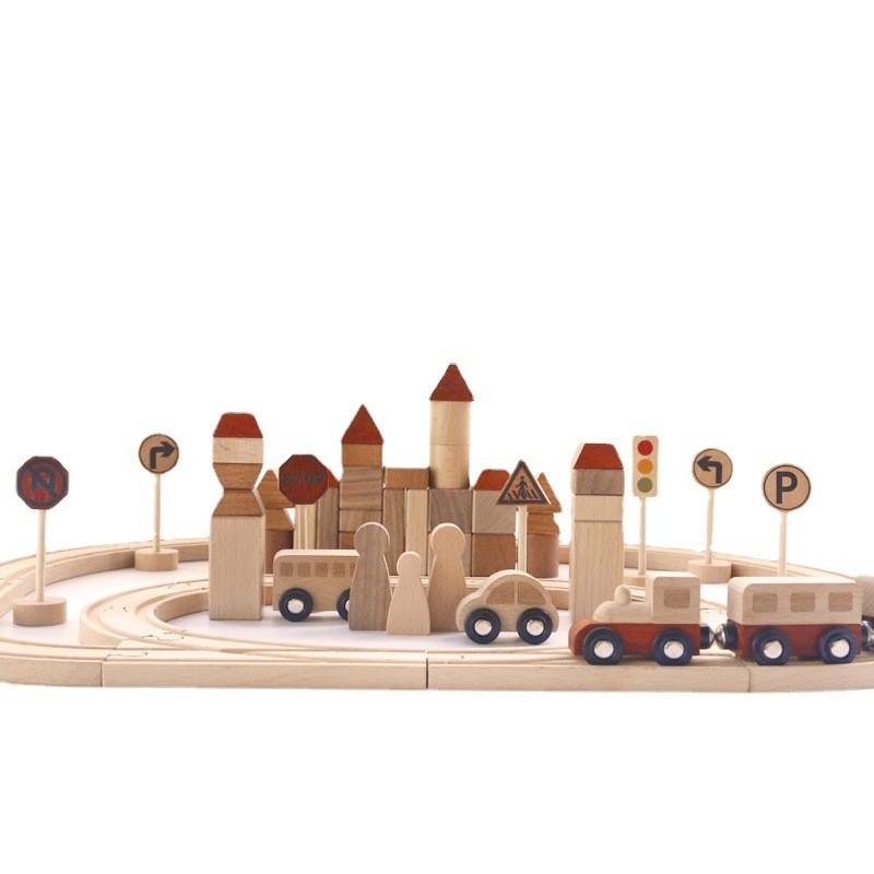 Wooden Fun City Transportation Train Track Assembly Building Blocks Kid Set Toy