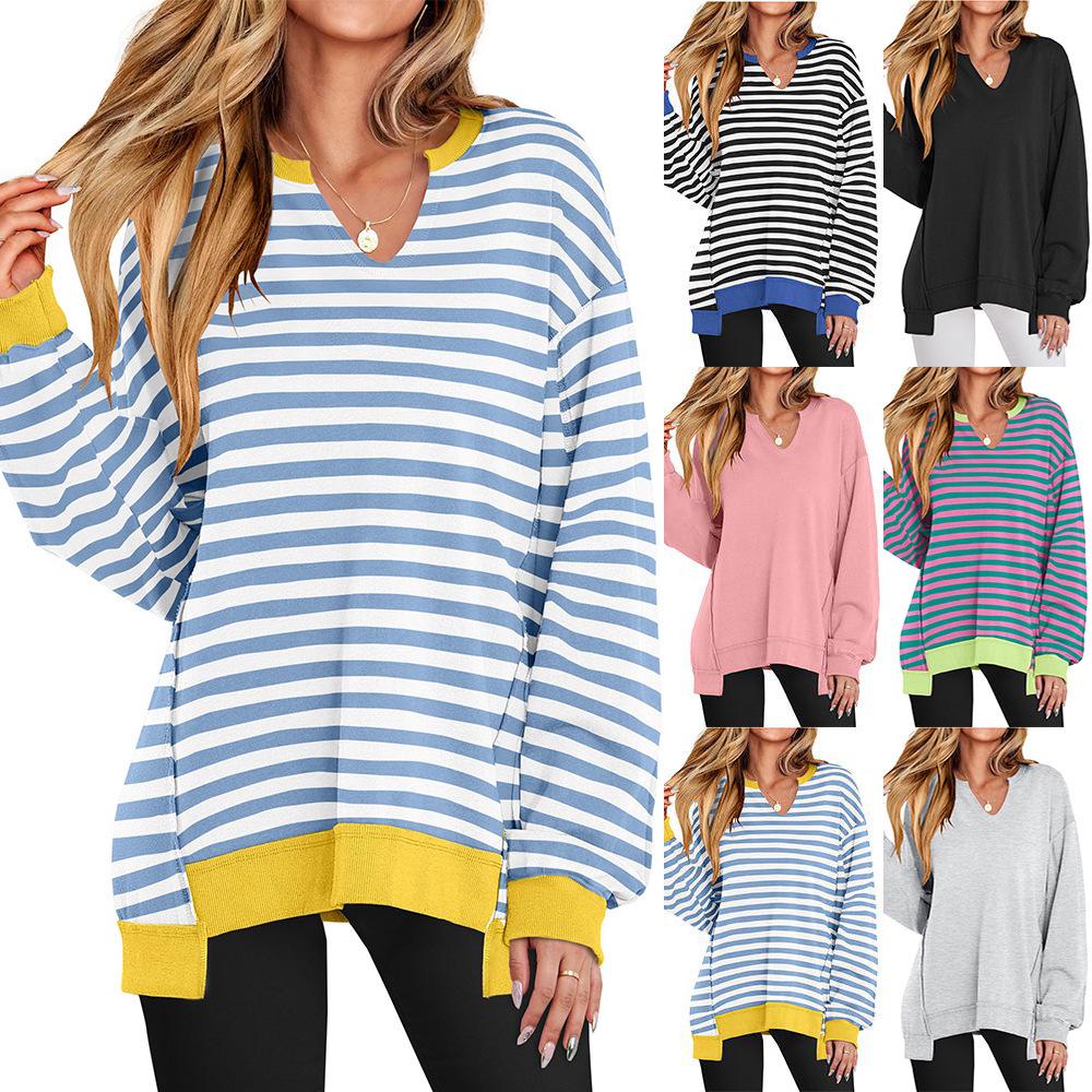 2025 European Autumn/Winter Striped V-neck Loose Fit Women's Sportswear Hoodie
