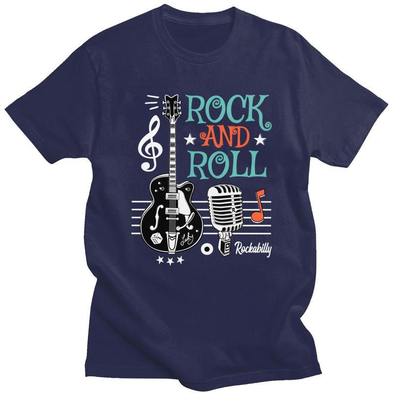 Custom Male Rockabilly Music Classic Rock And Roll Guitar T Shirts Short Sleeve Cotton Tshirt Casual Tees Slim Fit Clothing
