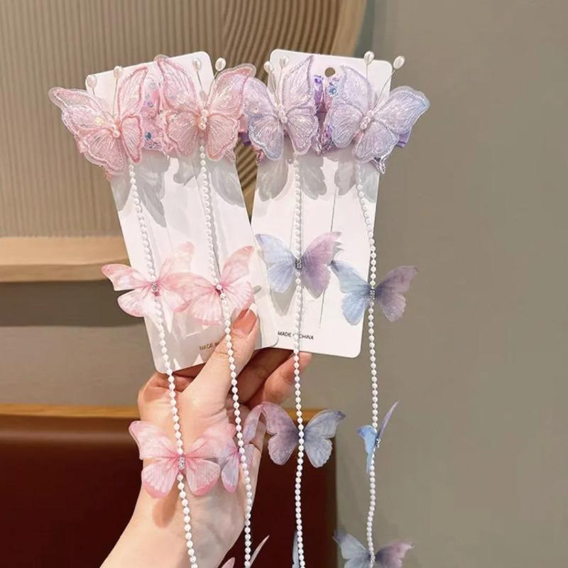 2pcs Children's Pearl Butterfly Braided Hairpin Sweet Tassel  Hair Rope Princess Headwear Girls Kids Hair Accessories