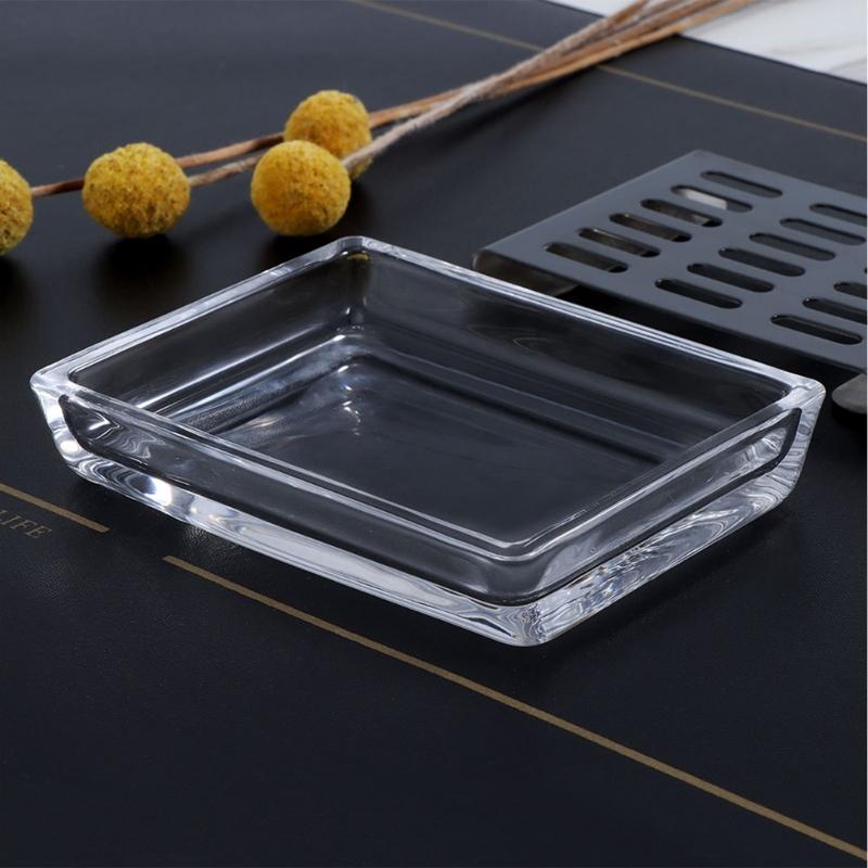 Bathroom Sink Glass Soap Dish with Metal Drain Tray, Freestanding Rectangular Design for Countertop Wash Area Use