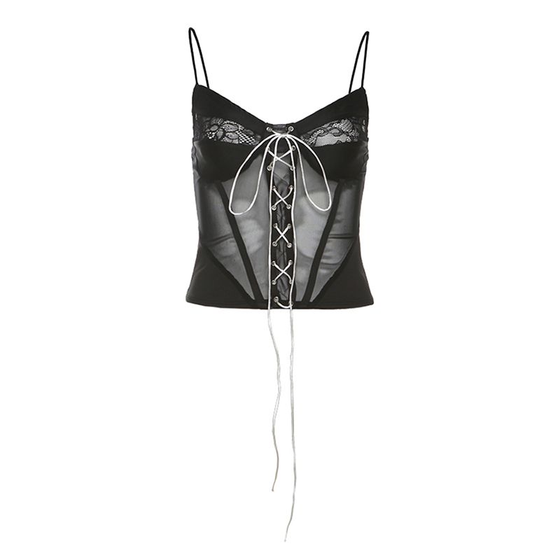 

# Sisjuly# Американская уличная девушка Сетчатая лоскутная повязка Топ-слинг Многослойные широкие брюки Женщины Sling M