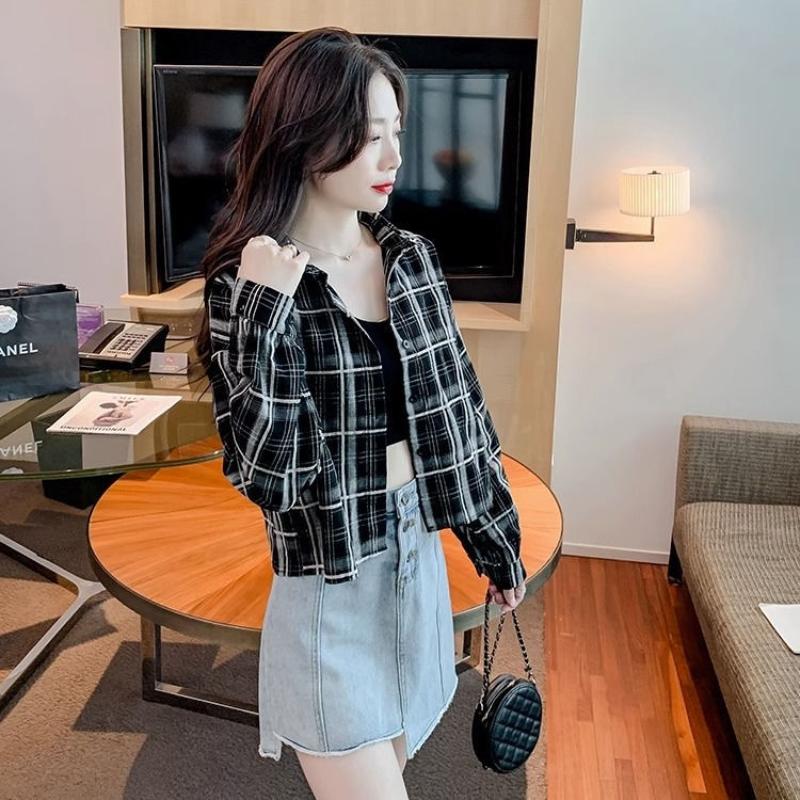 Button Pocket Cardigan Lapel Jacket Retro Plaid Shirt Versatile Fashion Casual Long Sleeve Top