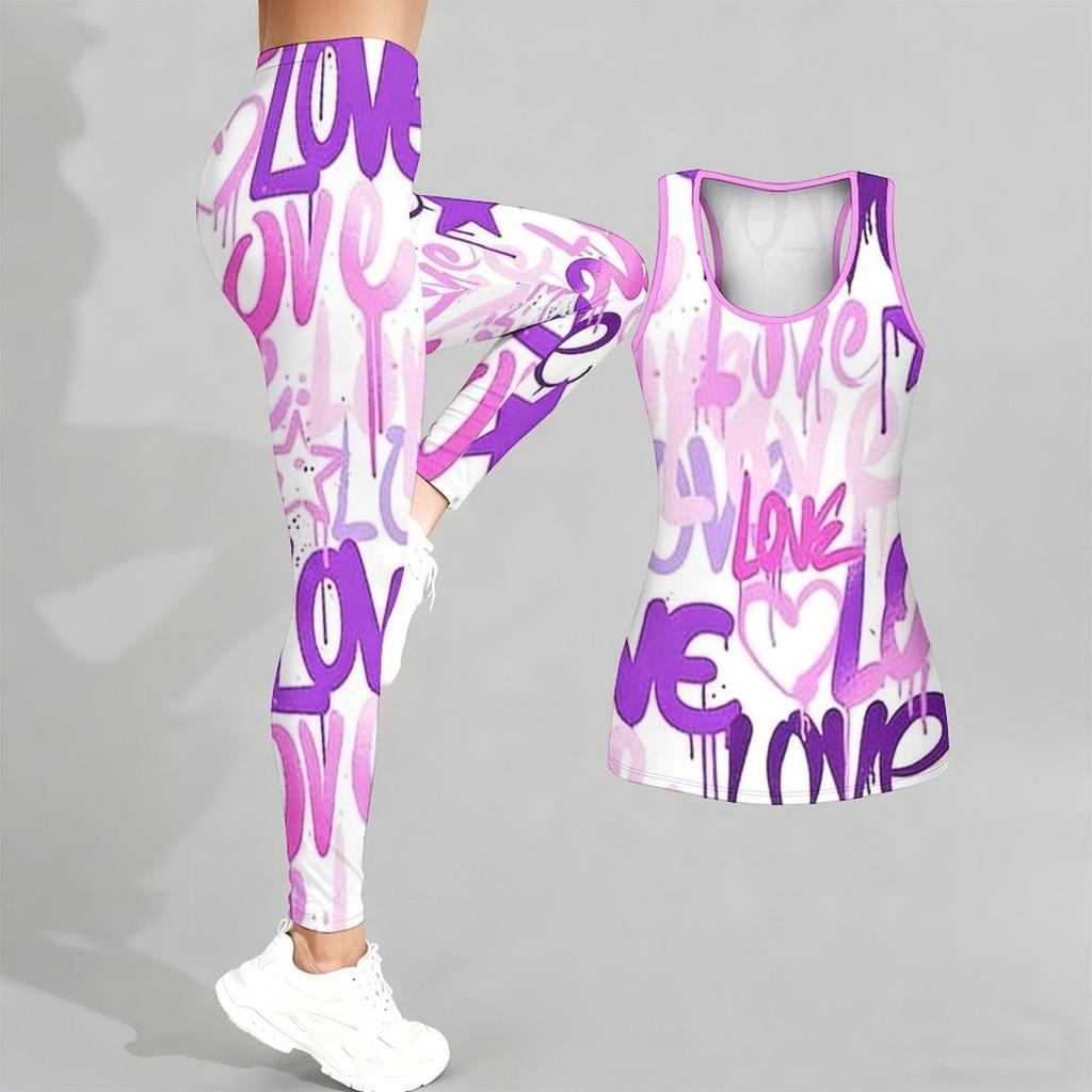 Heart Shaped Pattern Print Yoga Outfit for Women Fashion Workout Leggings Fitness Sports Casual Yoga Set Sports Suit Valentine's Day Exclusive