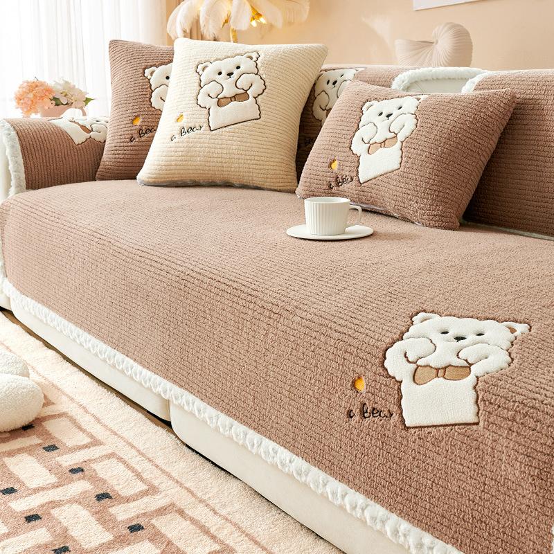 Modernes einfarbiges Winter-Lammwoll-Sofa-Handtuch, verdickt, Plüsch, Stickerei, Bär, Sofabezüge für Wohnzimmer, rutschfester Couchbezug