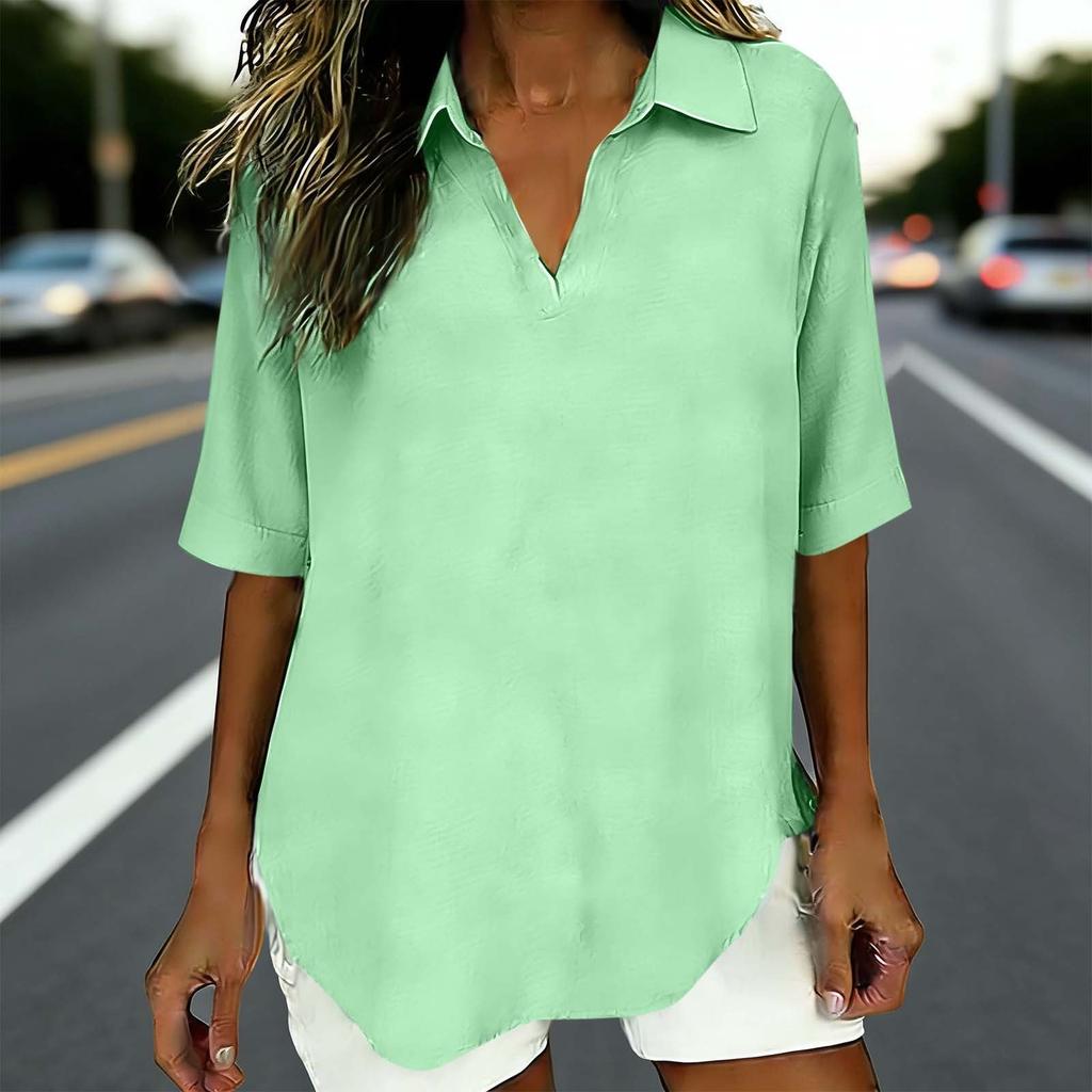 Women's  Fashionable Loose Color V-Neck Casual Cotton And Linen Shirt T-Shirt Top