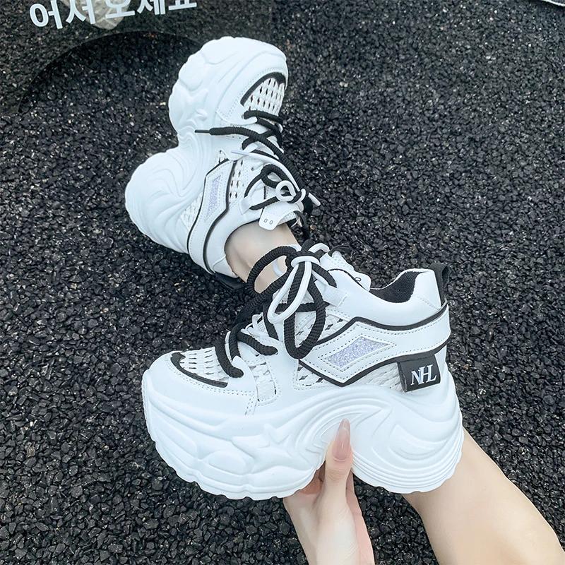Fashion 9CM New Spring Women Hollow Sneakers 2025 Summer Casual Vulcanized Shoes High Platform Breathable Mesh Sneakers Female Dad Shoes