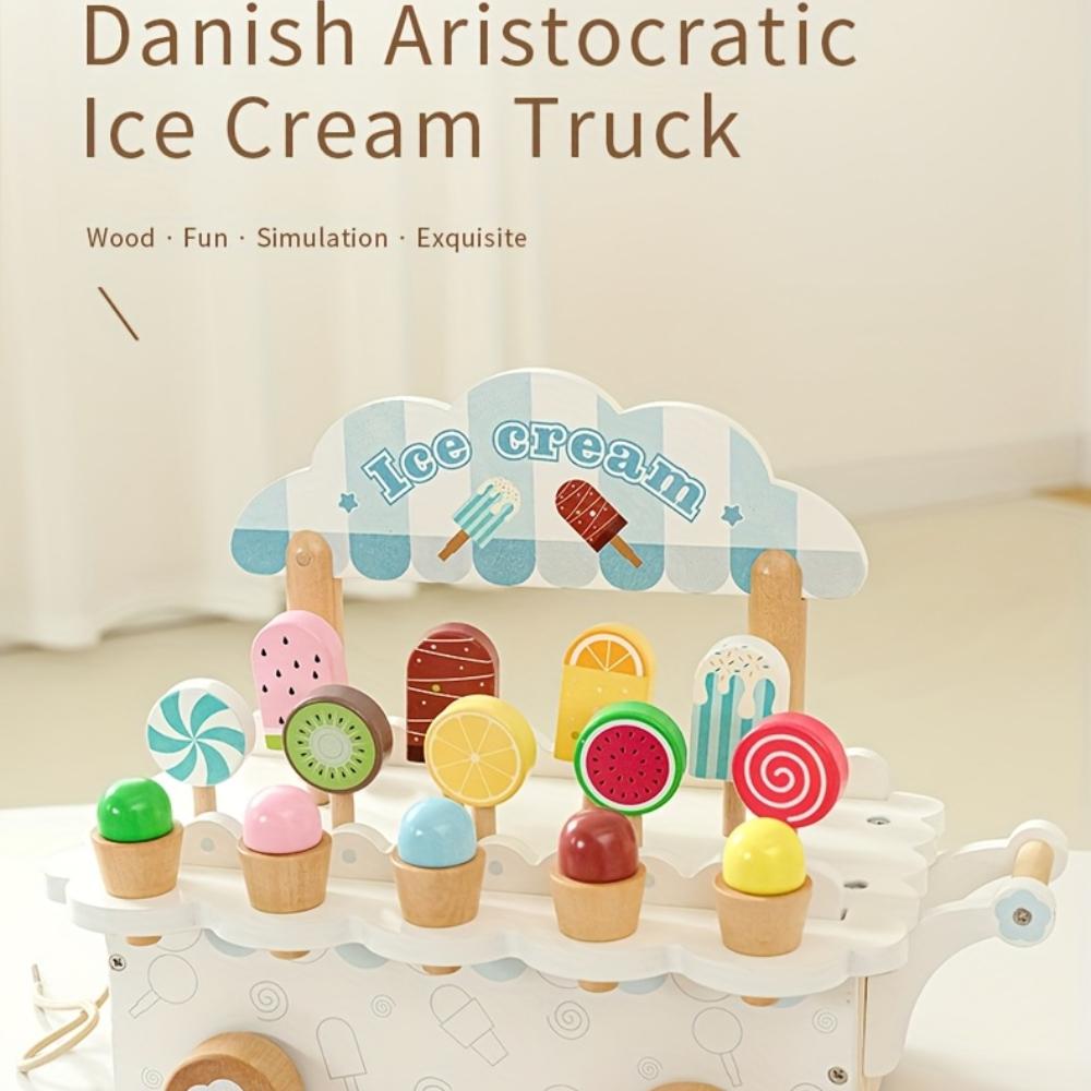 Wooden Pretend Play Ice Cream Truck, Dessert Shop Role Playing Toy Photography Props, Game Room Decorations,8 Ice Cream Stands and 4 Accessories,