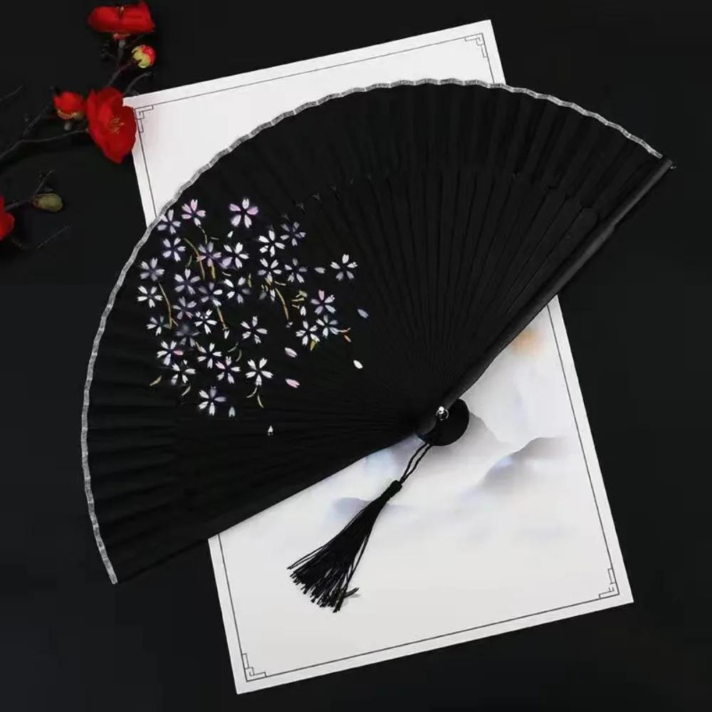 Exquisite Tassel Folding Fan with Tassel Chinese Style Blossom Printing Folded Fan Portable Classical Elegant Handheld Fans