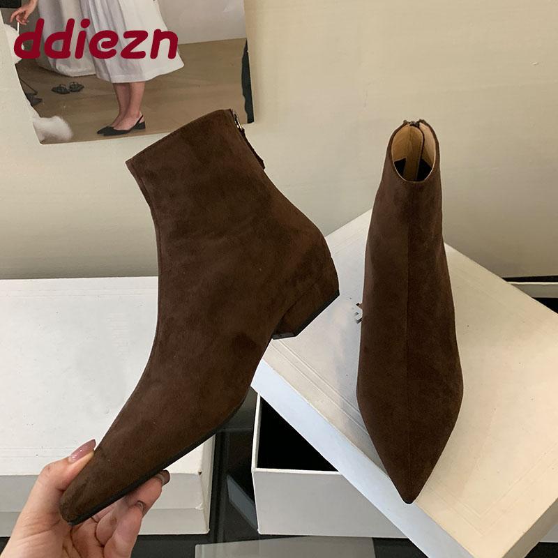 Fashion Fashion Flock Women Ankle Boots With Low Heel Footwear Pointed Toe Modern Ladies Short Boots Shoes Female Zippers Shoes