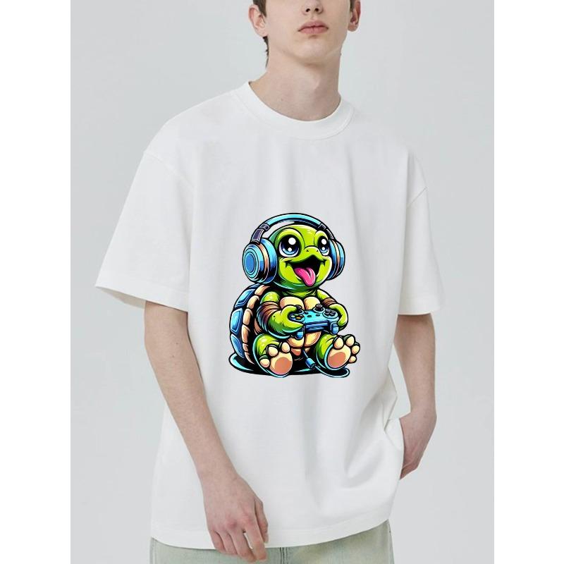 Crewneck T Shirt Black Turtle Gamer with Headphones and Controller Print for Casual Wear and Gaming Events