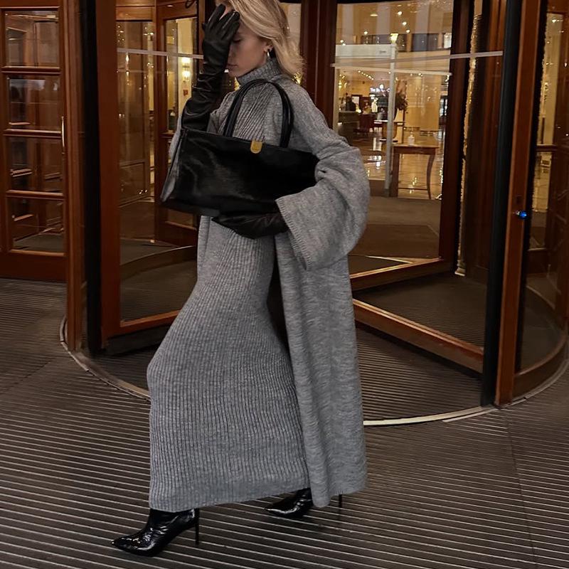 2025 Herbst/Winter Damen Slim-Fit Rollkragen Langkleid Cardigan Pullover Set