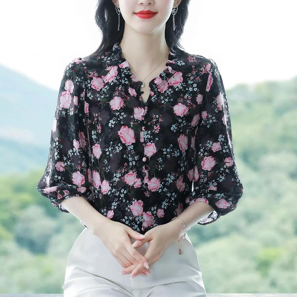Women's Spring and Summer Seven-minute Sleeve Floral Shirt Ladies Elegant Chiffon Shirt