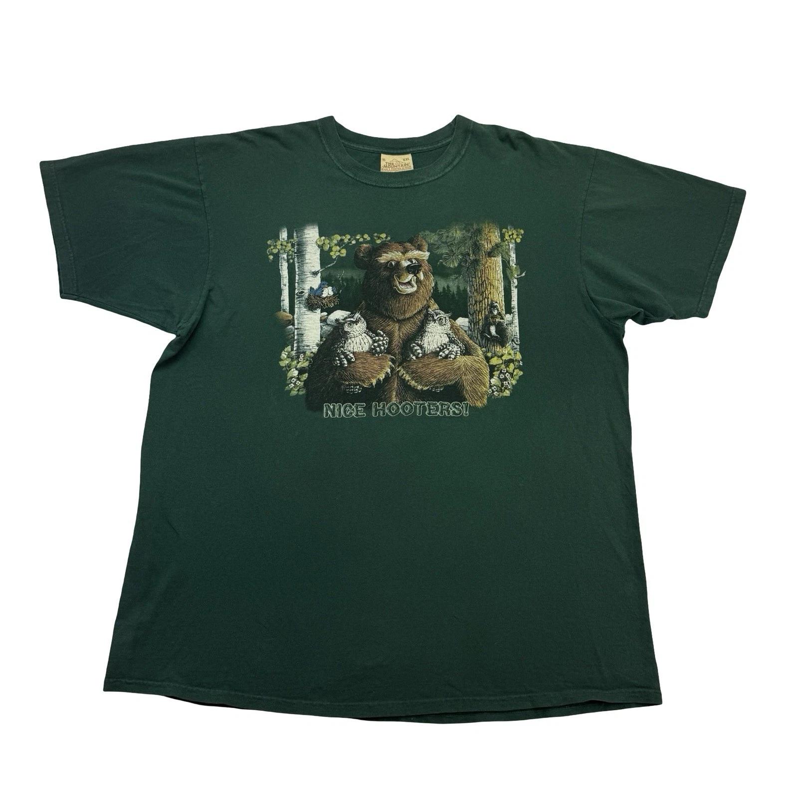 Vintage The Mountain Shirt Mens XXL Green Bear Owl Nice Hooters Short Sleeve L