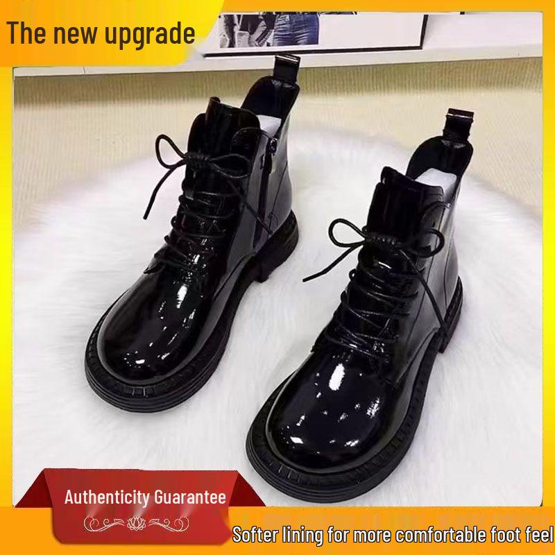 Women's 2025 Autumn/Winter British Style Fleece-lined Patent Leather Ankle Boots with Mango Toe
