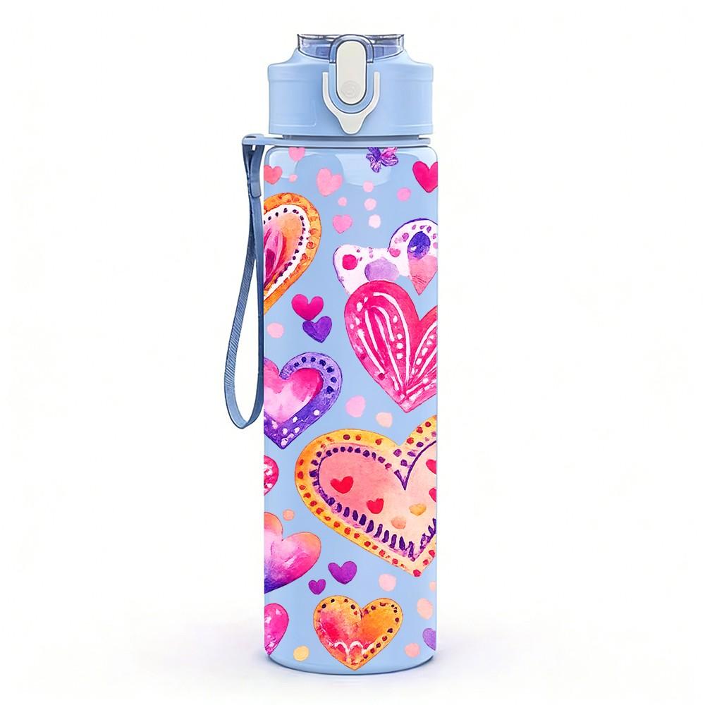 1PC Multi Color Heart Doodle Print 750ml Color Plastic Sports Water Bottle Leakproof Flip Straw Lid Suitable for Sports Office Home Use